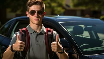 AI generated Young adult Caucasian man driving car outdoors confidently generated by AI photo