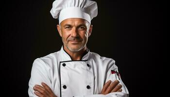 ai generado sonriente cocinero en uniforme, confidente y orgulloso generado por ai foto