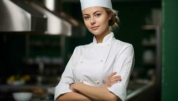 AI generated Smiling chef in uniform cooking in commercial kitchen generated by AI photo