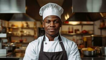 AI generated Confident chef smiling, standing in commercial kitchen generated by AI photo