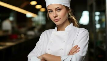 AI generated Confident young chef standing in kitchen, smiling generated by AI photo