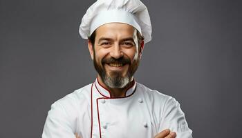 ai generado sonriente cocinero en uniforme mirando a cámara generado por ai foto