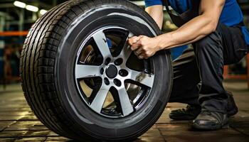 AI generated Car mechanic repairing tire with wheel in workshop generated by AI photo