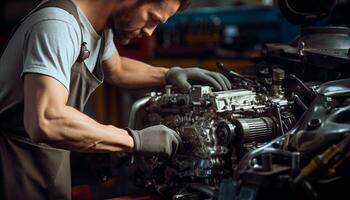 AI generated One man repairing car engine with confidence generated by AI photo