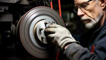 AI generated Expert mechanic repairing machinery in a metal workshop generated by AI photo