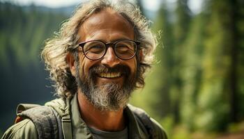 AI generated Smiling man in nature, enjoying retirement and adventure generated by AI photo