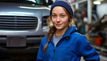 AI generated Smiling young woman driving car in the city generated by AI photo