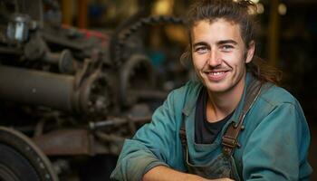 ai generado sonriente mecánico reparando maquinaria en su taller generado por ai foto