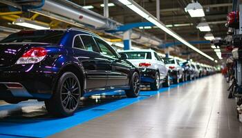 ai generado moderno coche en un taller, iluminado con azul luces generado por ai foto