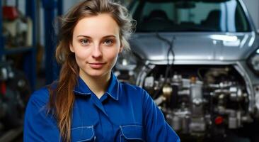 AI generated Smiling mechanic repairing car in auto repair shop generated by AI photo