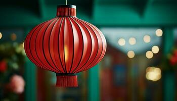 AI generated Chinese lantern hanging in the night, glowing brightly generated by AI photo