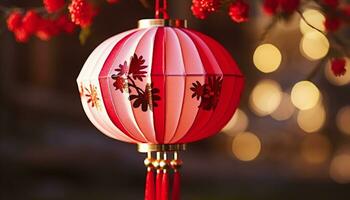 AI generated Chinese lantern hanging in the night, glowing and illuminated generated by AI photo