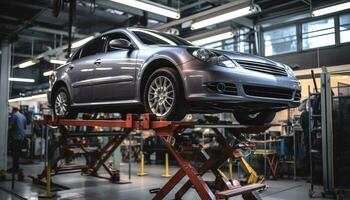 ai generado moderno coche fábrica taller con brillante metal maquinaria generado por ai foto