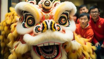 ai generado chino cultura celebra tradicional festivales con vistoso continuar mascaras generado por ai foto