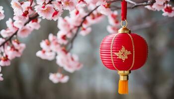 AI generated Chinese lantern hanging on tree branch, illuminating celebration generated by AI photo