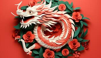 AI generated Chinese culture celebration dragon symbol, red background, ornate decoration generated by AI photo