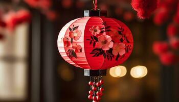 AI generated Chinese lantern hanging, glowing, illuminating winter celebration generated by AI photo