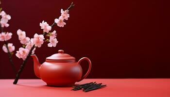 ai generado caliente bebida en tetera, japonés cultura, flor decoración generado por ai foto