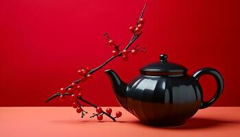 AI generated Hot drink in red teapot, Chinese culture symbol generated by AI photo