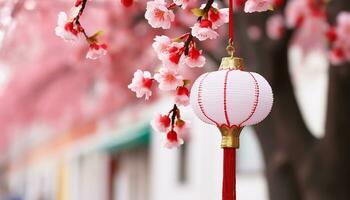 AI generated Chinese lantern hanging from tree branch, illuminated at night generated by AI photo