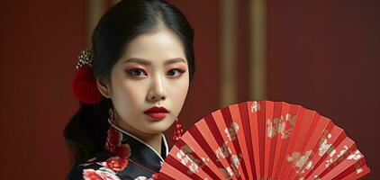 ai generado hermosa geisha mirando a cámara en tradicional ropa generado por ai foto