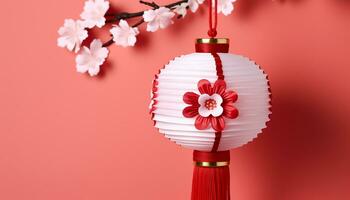 AI generated Chinese lantern hanging, red background, blossom ornament generated by AI photo