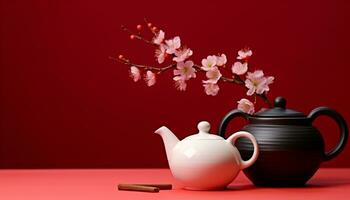 ai generado caliente té en un rojo tetera con flores generado por ai foto