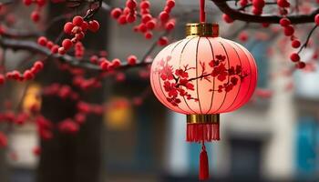 AI generated Traditional festival decoration hanging lantern illuminated outdoors generated by AI photo