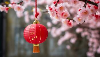 AI generated Traditional festival celebration lanterns hanging on cherry blossom tree generated by AI photo