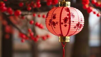 ai generado chino linternas colgante, esclarecedor invierno celebracion decoraciones generado por ai foto
