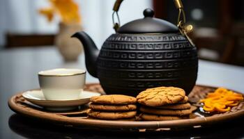 AI generated Freshly baked cookies on wooden table, tea steaming generated by AI photo