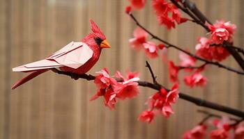 ai generado pájaro encaramado en rama, rodeado por vibrante flores generado por ai foto