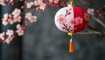 AI generated Traditional festival lantern hanging on a tree branch generated by AI photo