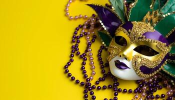 ai generado enmascarado celebracion, mardi gras elegancia en oro generado por ai foto