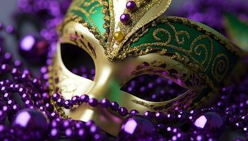 ai generado púrpura traje, mardi gras celebracion, misterio, de viaje carnaval generado por ai foto