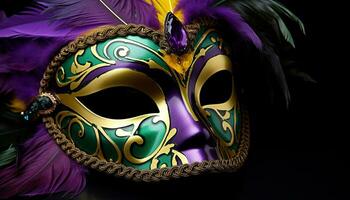 AI generated Feathered mask adds elegance to traditional carnival costume generated by AI photo