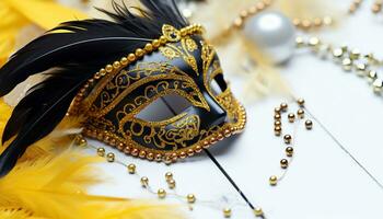 AI generated Gold colored mask, feather, and bead celebration generated by AI photo