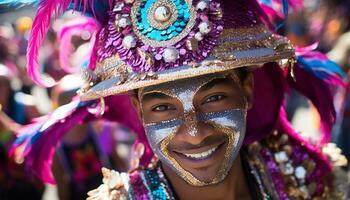 ai generado sonriente mujer en tradicional carnaval disfraces bailando alegremente generado por ai foto
