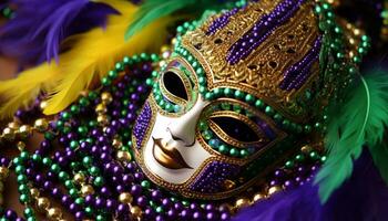 AI generated Mardi Gras celebration, mask, costume, parade, elegance, beauty generated by AI photo