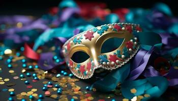 AI generated Colorful confetti and masks create a festive celebration generated by AI photo