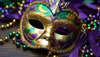 AI generated Mardi Gras celebration, mask, costume, decoration, gold, party generated by AI photo