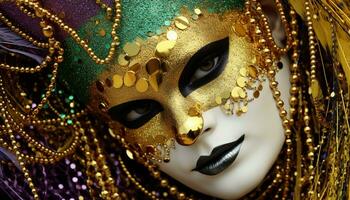 AI generated Golden mask disguises beauty at traveling carnival generated by AI photo