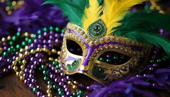 AI generated Mardi Gras celebration, mask, costume, feather, party, parade, colorful generated by AI photo