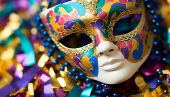 AI generated A vibrant, mysterious masquerade mask hides the face of elegance generated by AI photo