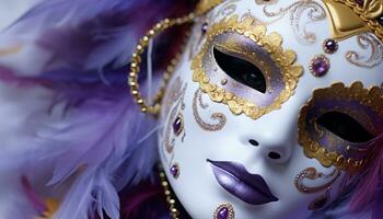 AI generated Purple mask, gold costume, elegance and mystery generated by AI photo