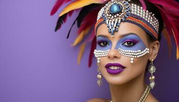 AI generated Young woman with purple feather necklace looking at camera generated by AI photo