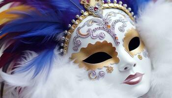 AI generated Feathered mask, costume, elegance, beauty, Mardi Gras generated by AI photo