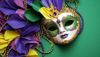 AI generated Mardi Gras mask, costume, elegance, vibrant colors generated by AI photo