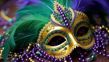 AI generated Mardi Gras celebration, colorful masks, beads, and feathers generated by AI photo