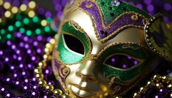 AI generated Mardi Gras celebration, mask, costume, party, colorful, shiny generated by AI photo